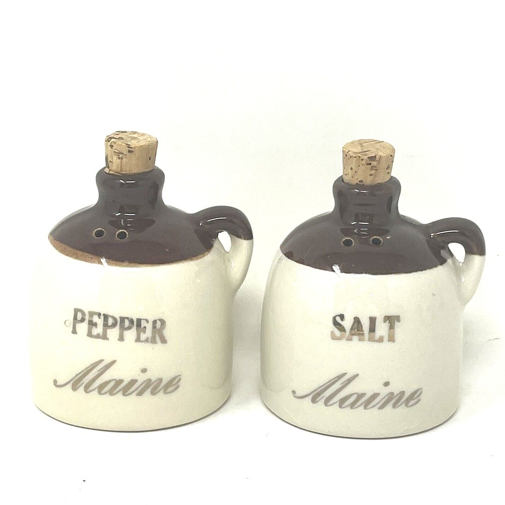 Vintage Maine Whiskey Jug Salt & Pepper Shakers Made USA Hand Made 22K Gold Trim